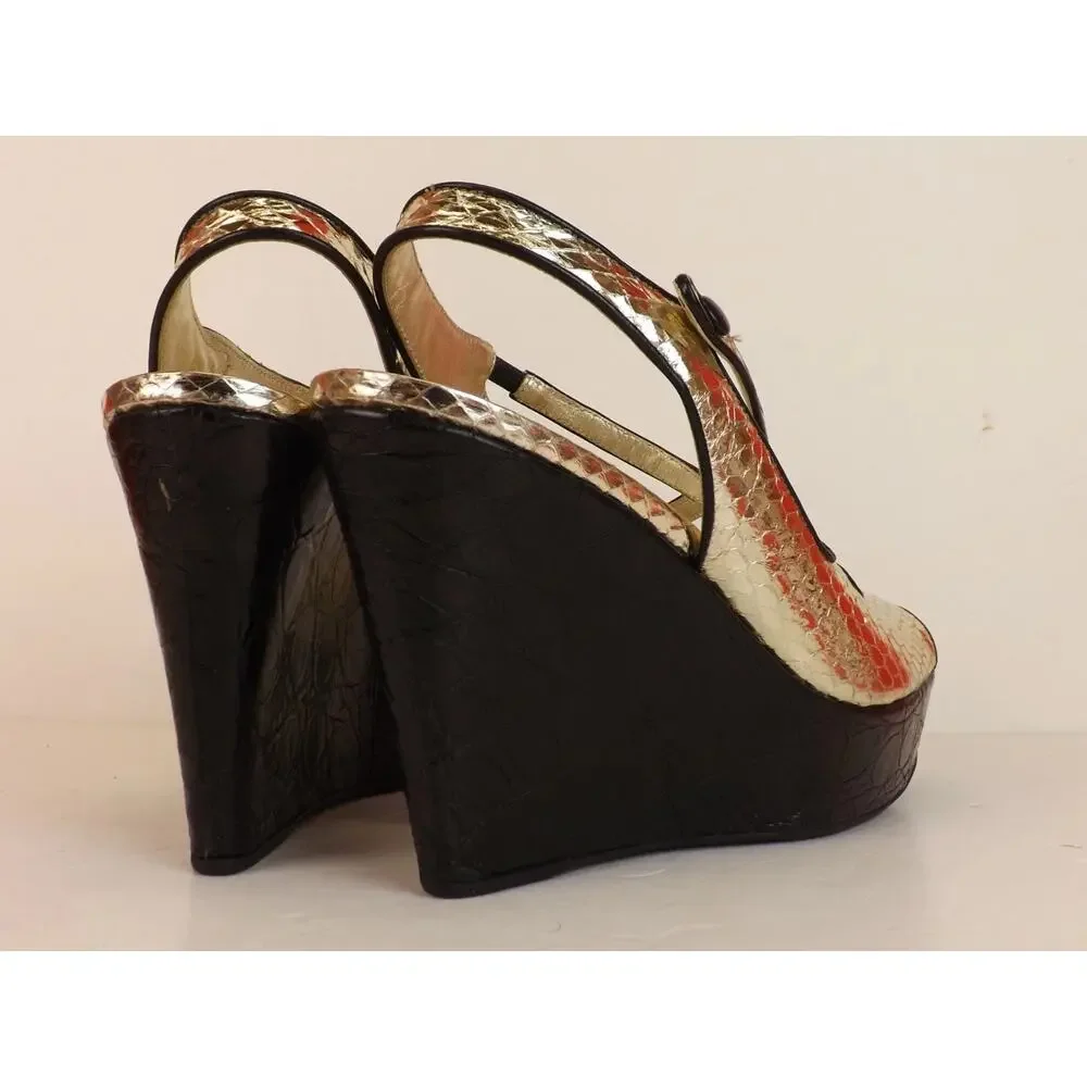 NIB PRADA 1K7394 LITE GOLD SNAKE PRINT LEATHER BLACK WEDGE PLATFORM SANDALS 39.5 - Picture 4 of 11
